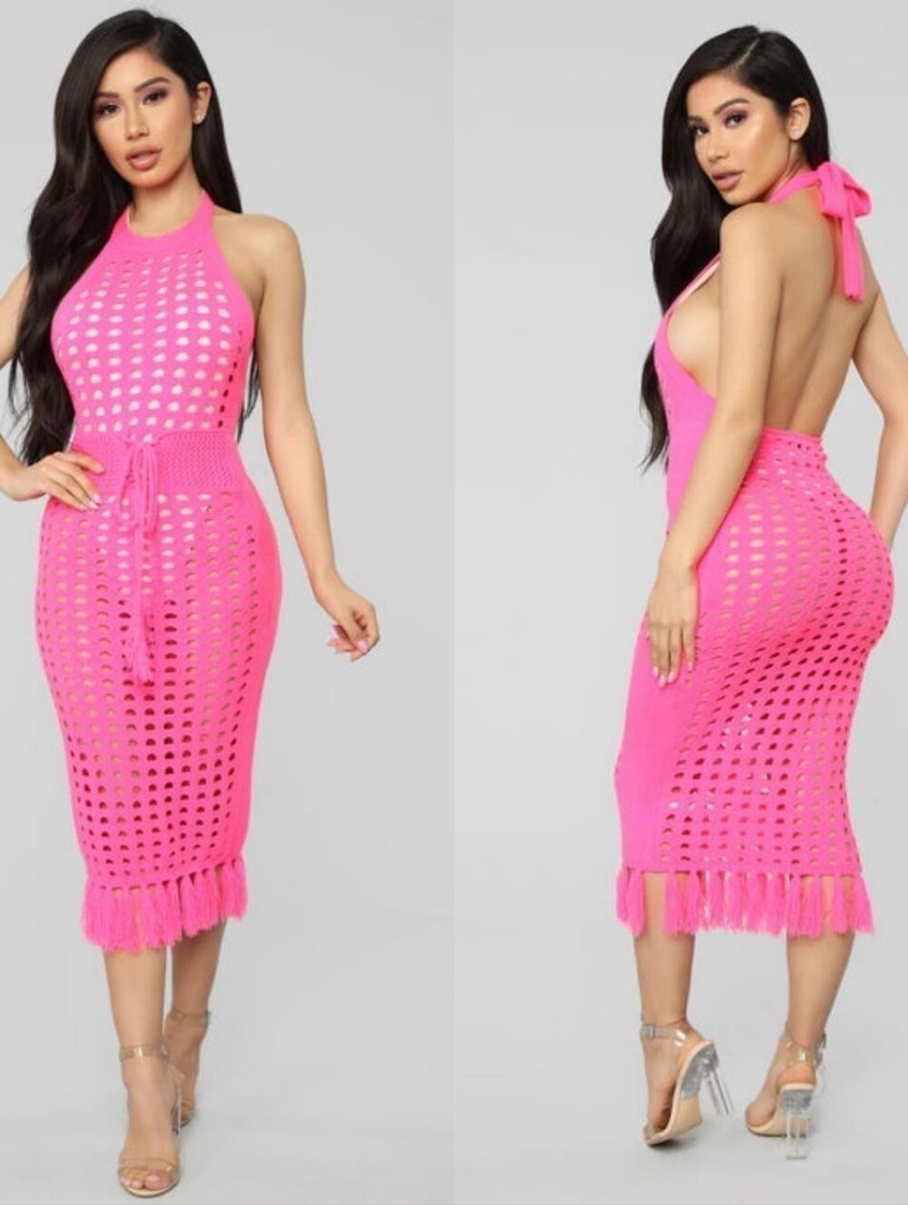 Hot Pink Fashion Nova Crochet bodycon Coverup halter Midi dress